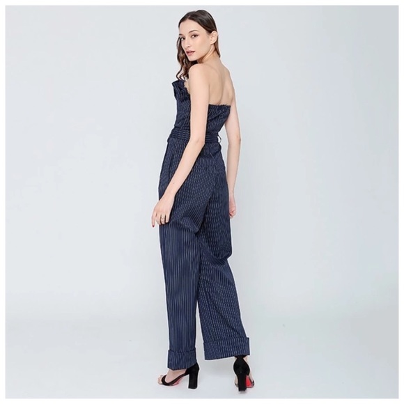 ❤️ Navy Blue Stripe Wide Leg Ruffle Jumpsuit - Picture 5 of 7